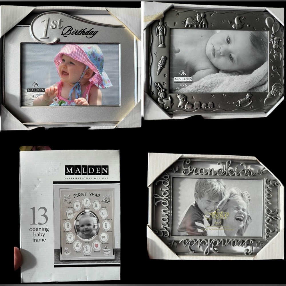 Malden International Designs Picture Frames Lot Of 4Pewter Metal Baby Gift vtg